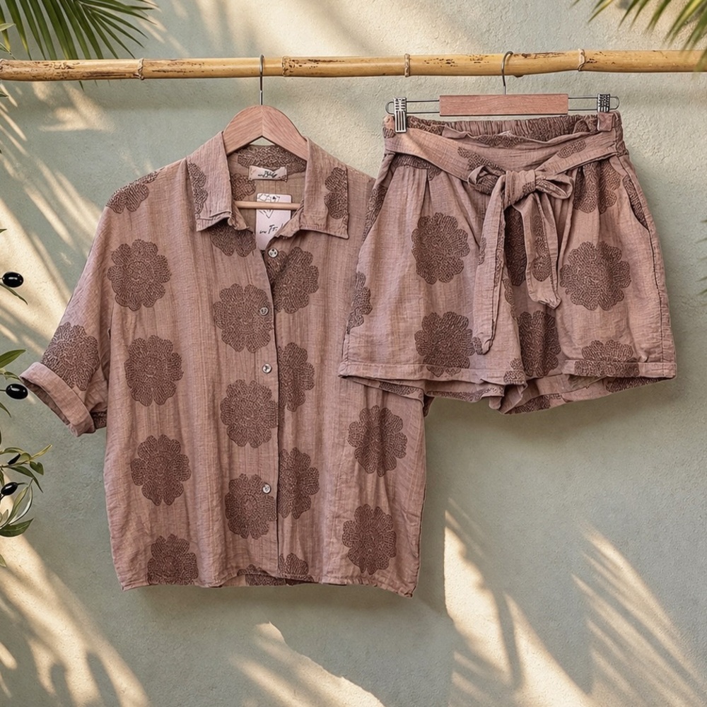 Embroidered Linen/Cotton Top and Shorts Set